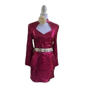 1980s Ultra Mini Key Hole Neckline Pink Sequin Dress.